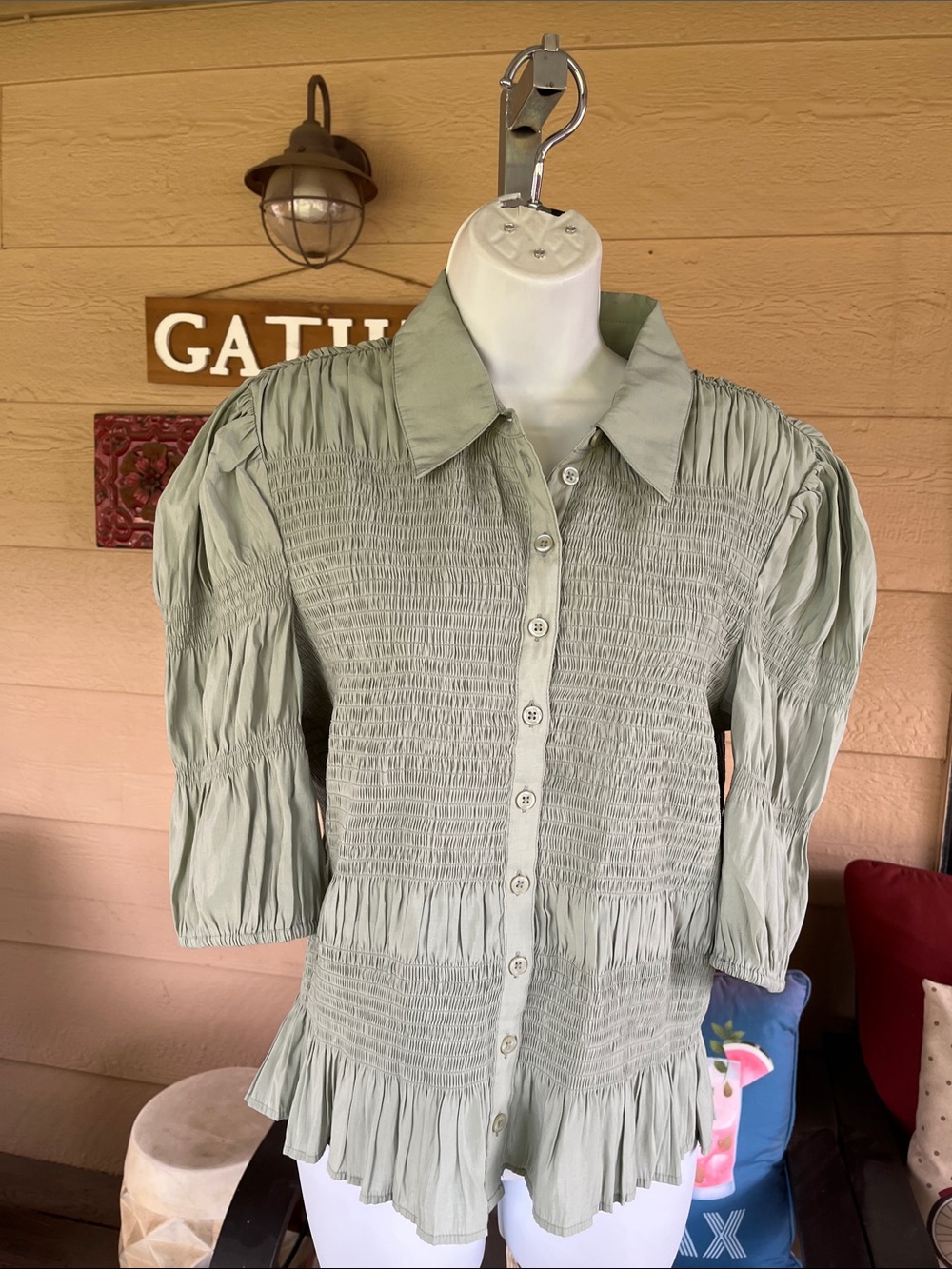 Anthropologie Sage Green Smocked Button-Front Blouse Button Up Blouse Sz L